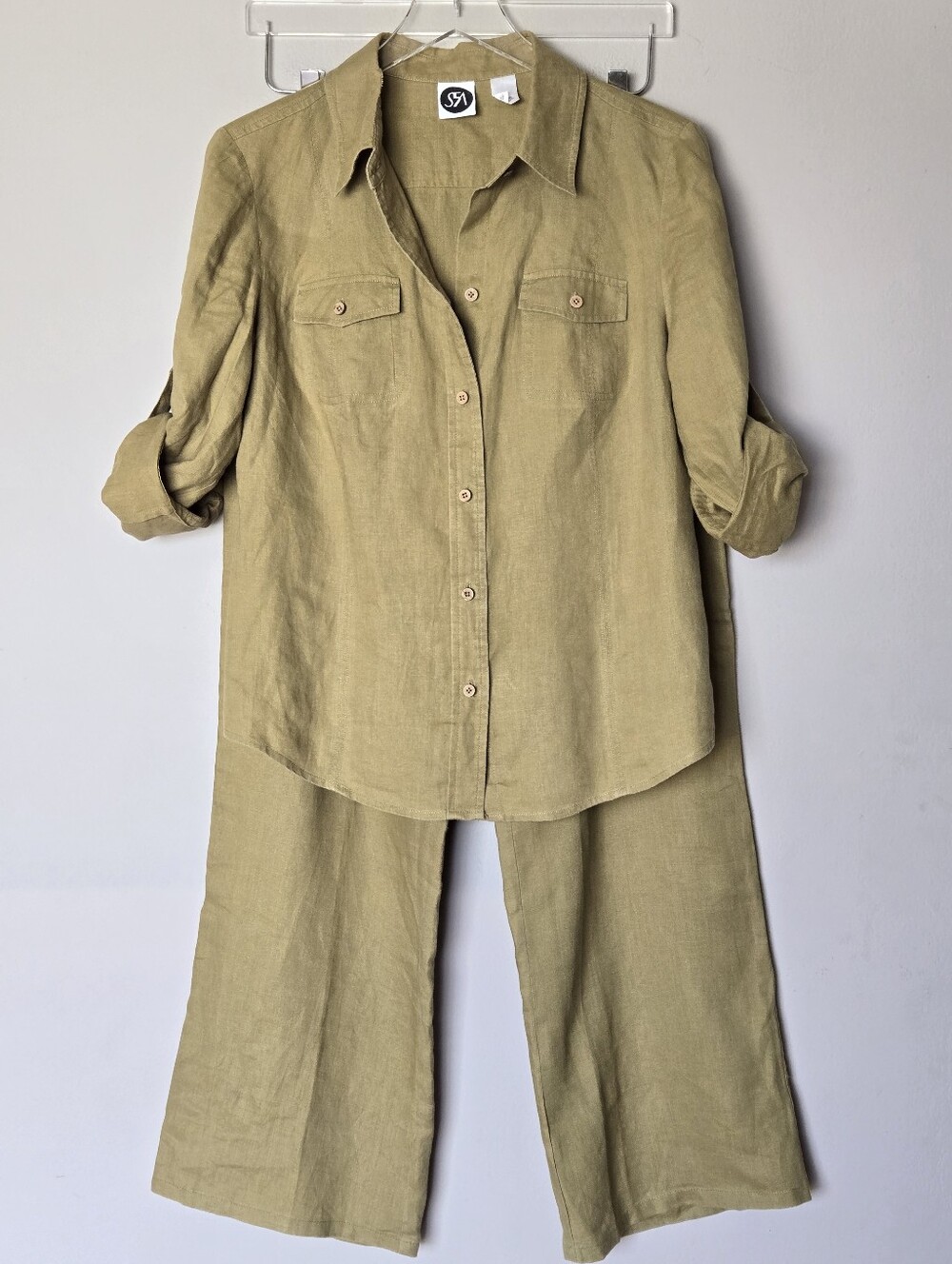 Saks Fifth Avenue Women's Olive Linen Button-Up Shirt & Wide-Leg Pants Set M - Picture 3 of 13